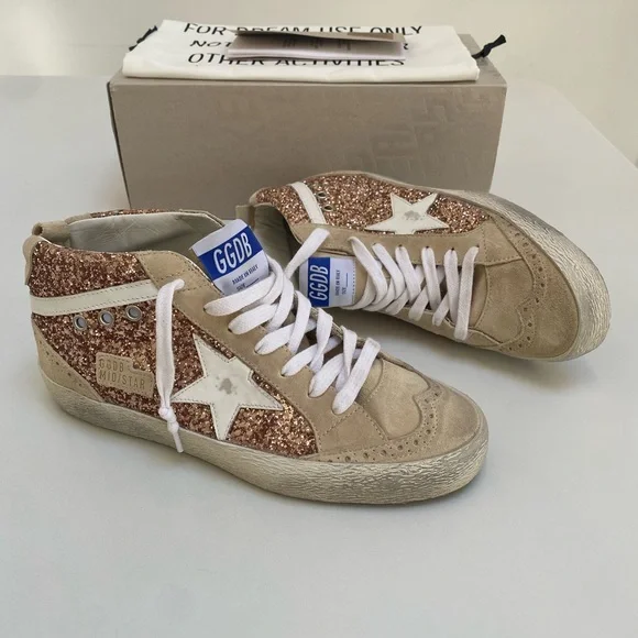 Golden Goose Mid Star Sneaker Rose Gold Glitter/Beige Leather/Suede 39 New Box - Picture 11 of 15